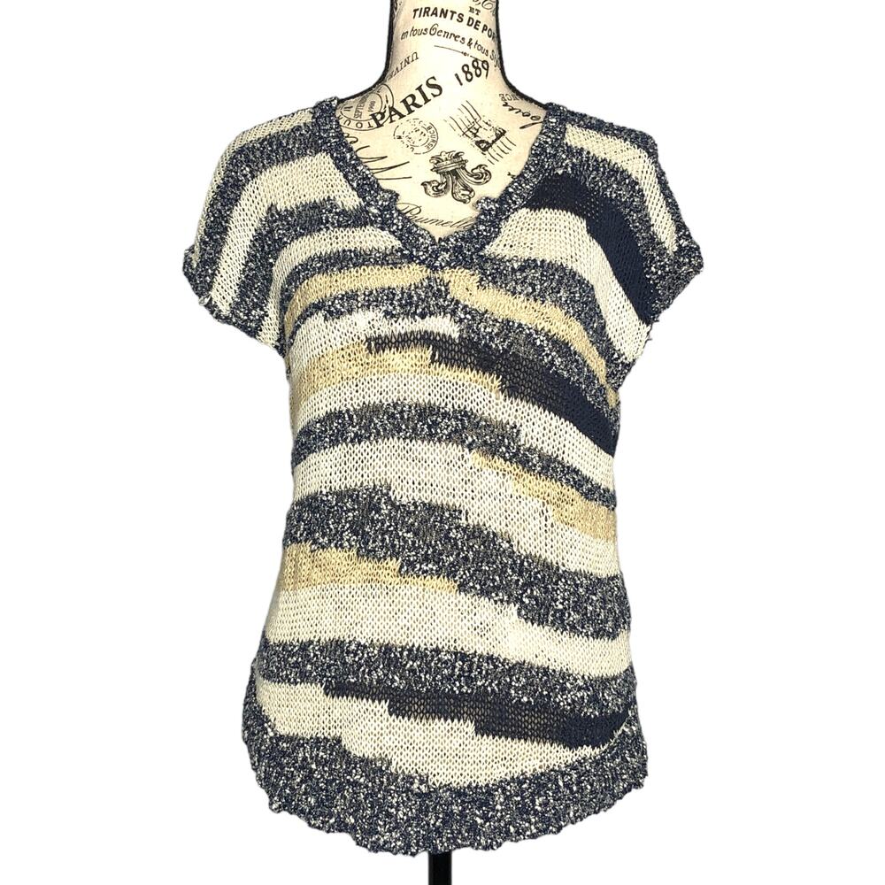 Lucky Brand (S) Striped Loose Knit Notched V-Neck Short Sleeve Sweater Tee Top